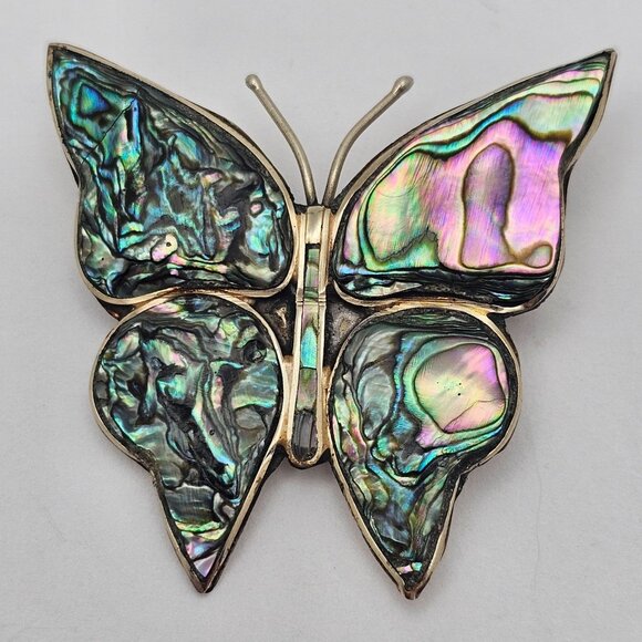 VTG Brooch Silver Tone Alpaca Iridescent Rainbow Abalone Shell Inlay Fairycore - Picture 3 of 16